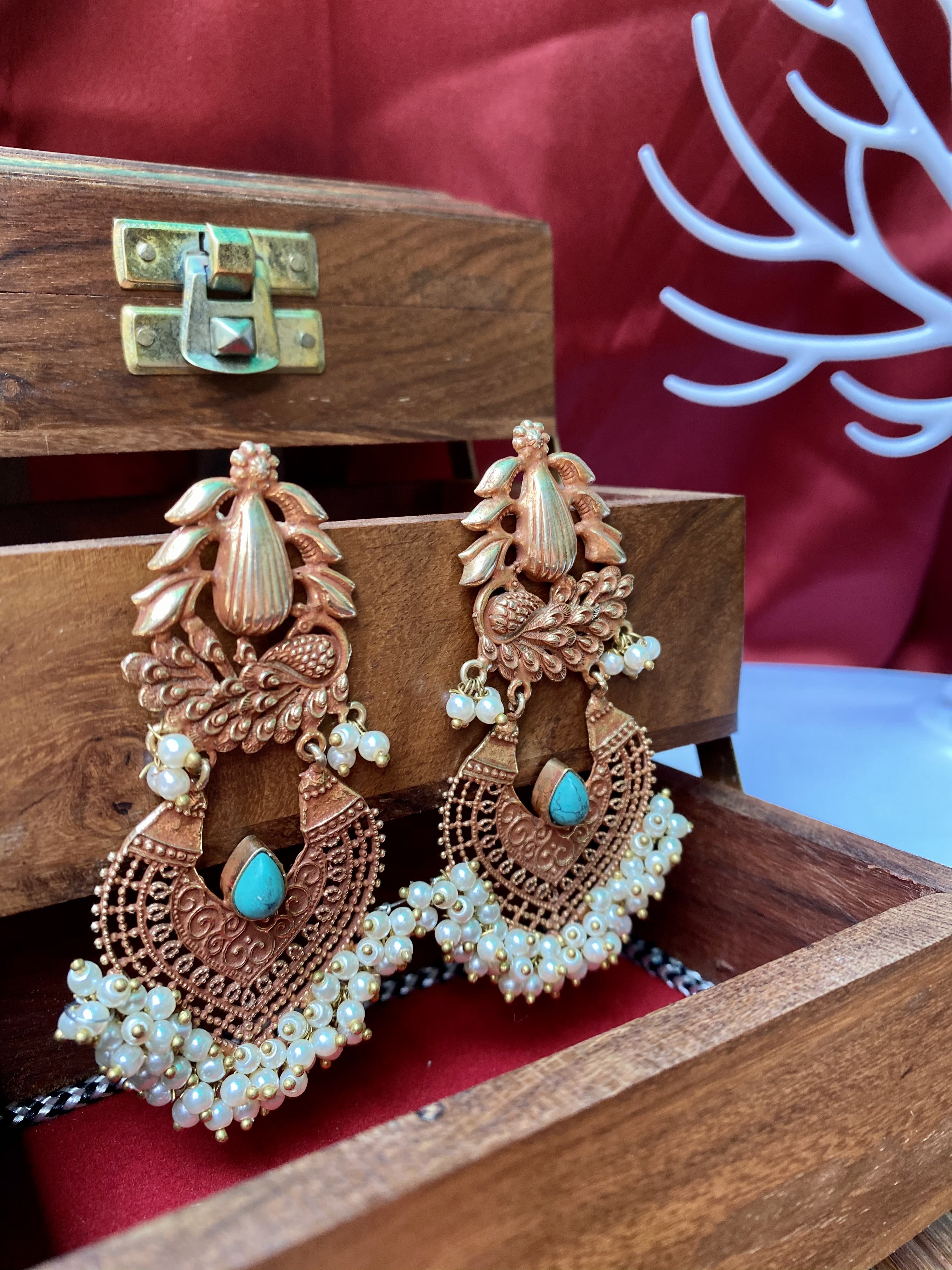 Antique Peacock Earrings with Pearls & Stone