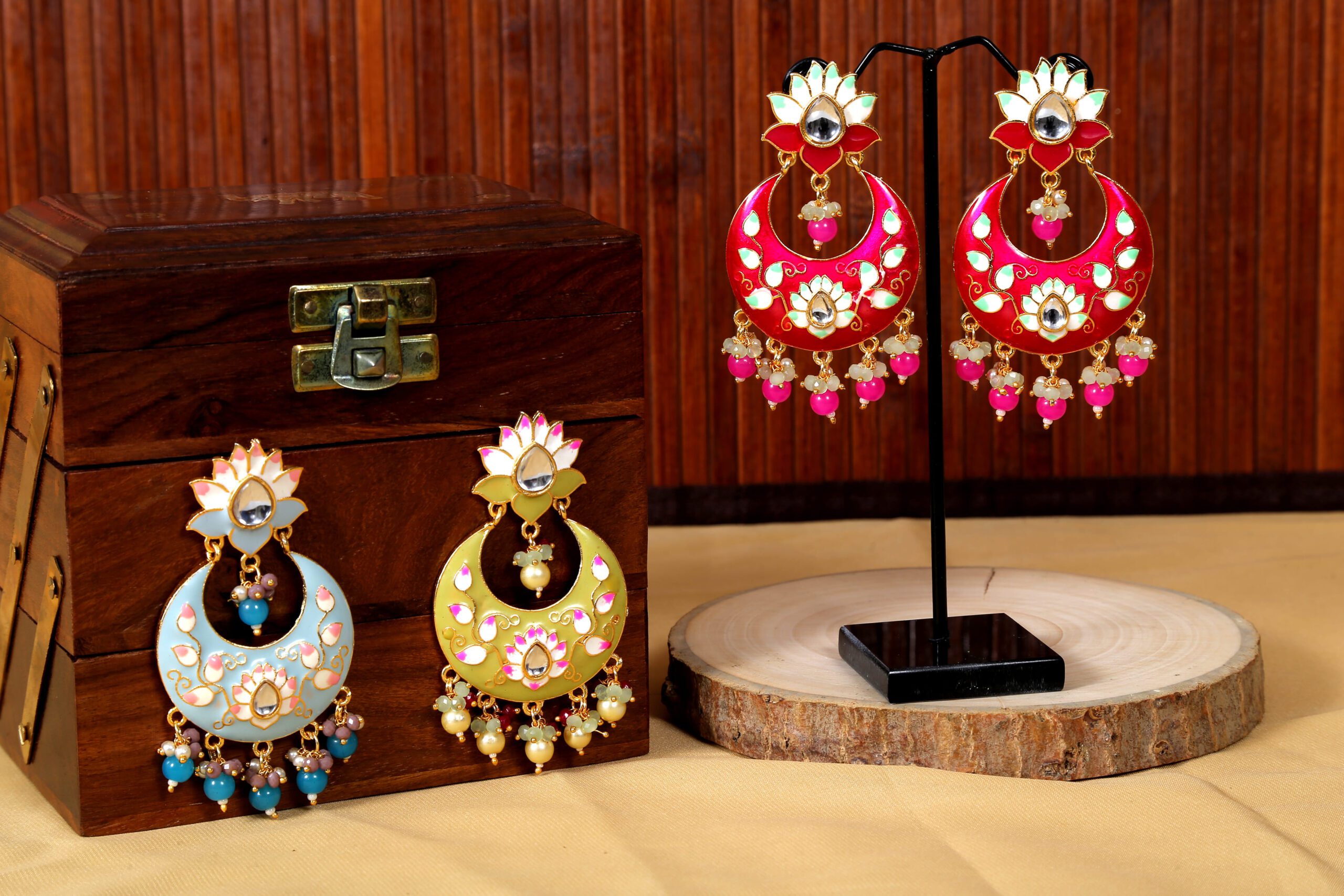 Kundan Meenakari Chandbali Earrings