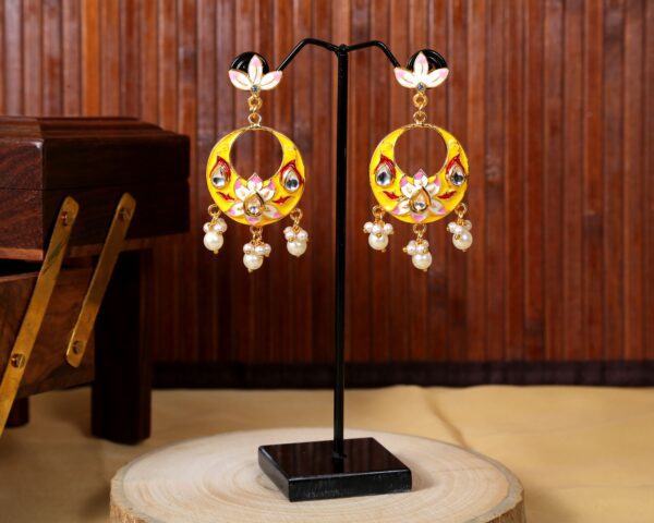 Lotus Motif Enamel Chandbali Earrings with Pearl Drops