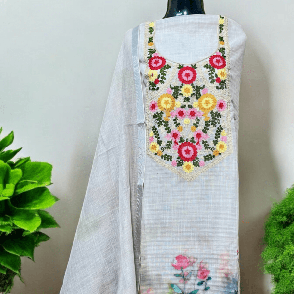 Linen Cotton Digital Print Suit with Embroidery